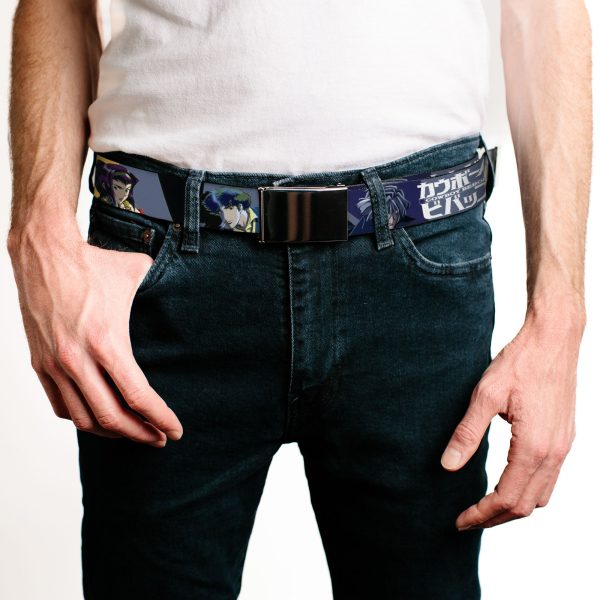 Web Belt Blank Black Buckle - COWBOY BEBOP Spike Vicious and Faye Pose and Title Logo Blues Yellow Webbing Hot on Sale - Image 2
