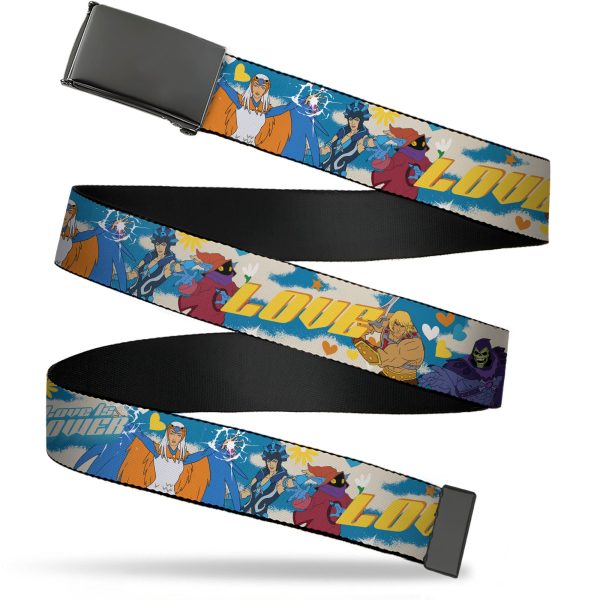 Web Belt Blank Black Buckle - Masters of the Universe LOVE IS POWER Heroes and Villains Collage Blue White Webbing Online Hot Sale
