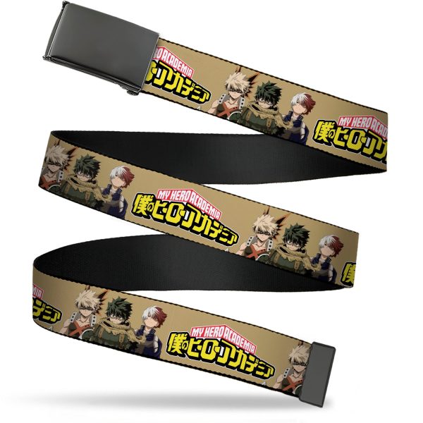 Web Belt Blank Black Buckle - MY HERO ACADEMIA Character Trio Pose and Title Logo Tan Webbing Online Sale