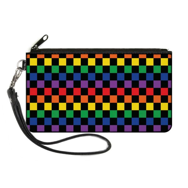 Canvas Zipper Wallet - SMALL - Checker Black Rainbow Multi Color on Sale